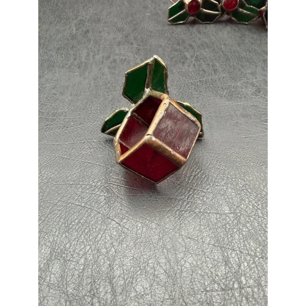 Vintage 1991 Signed Stained Glass Holly Berry Napkin Rings Set of 4 Christmas
